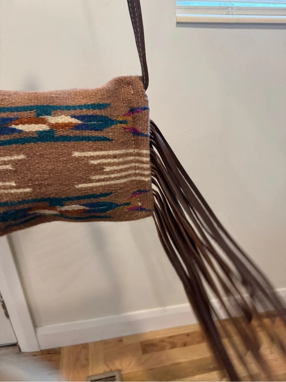 Southwestern Woven Wool Blanket Fringe Crossbody Bag with Rhinestone Concho